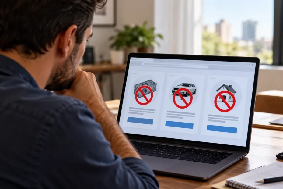 Pessoa observa ilustração de ofertas de crédito bloqueadas na tela de um notebook