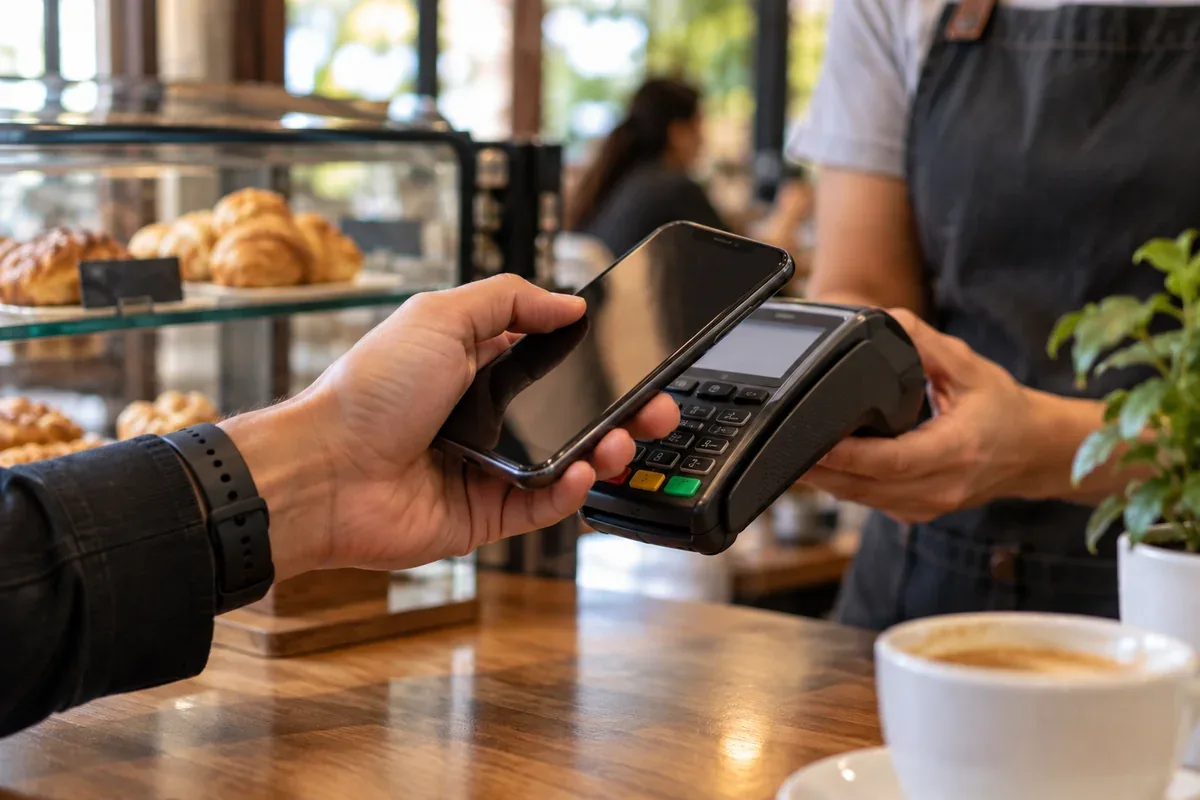Pessoa aproxima celular com tecnologia NFC de maquininha de pagamento em um comércio, conferindo operação Pix