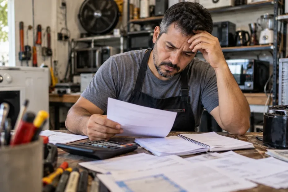 Microempreendedor em oficina de reparos analisa documentos e contas no balcão do próprio negócio, com calculadora e ferramentas