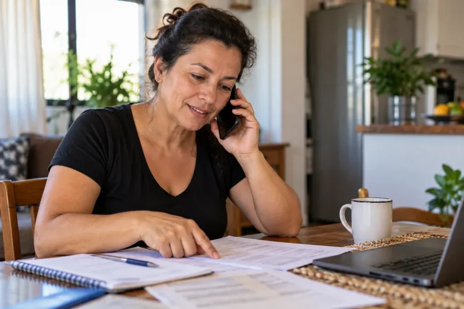 Consumidora brasileira conversa ao telefone enquanto confere contrato e documentos de serviço à mesa de casa