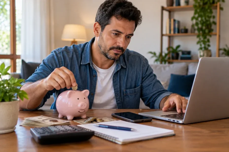 Homem em home office coloca uma moeda em cofrinho enquanto confere planejamento de investimentos no notebook