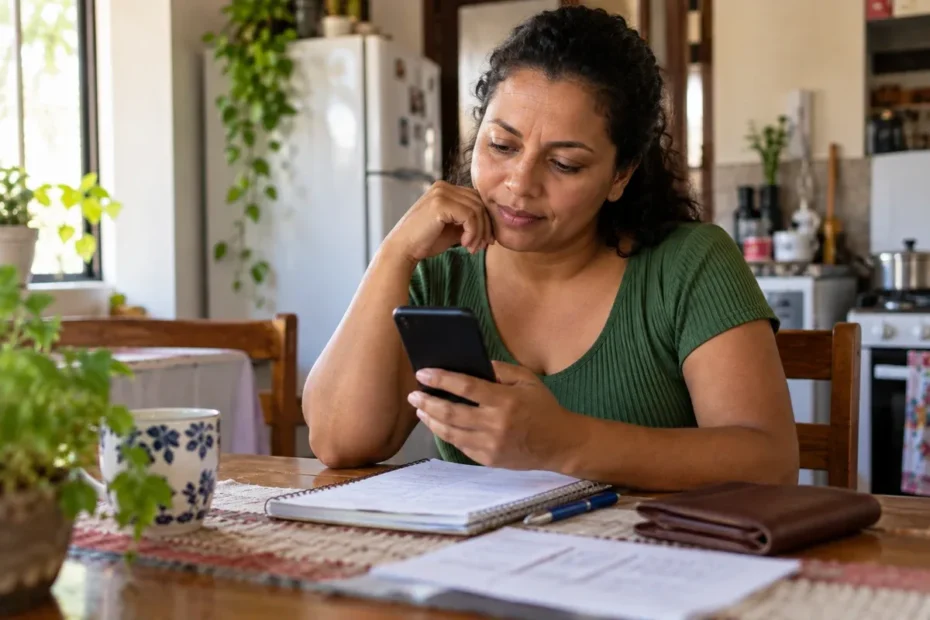 Mulher consulta o celular e anota informações financeiras em uma mesa de cozinha, com caderno e carteira ao lado