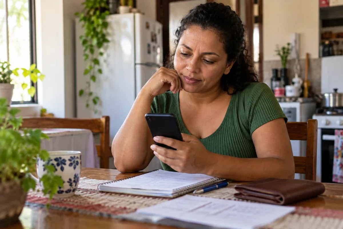 Mulher consulta o celular e anota informações financeiras em uma mesa de cozinha, com caderno e carteira ao lado