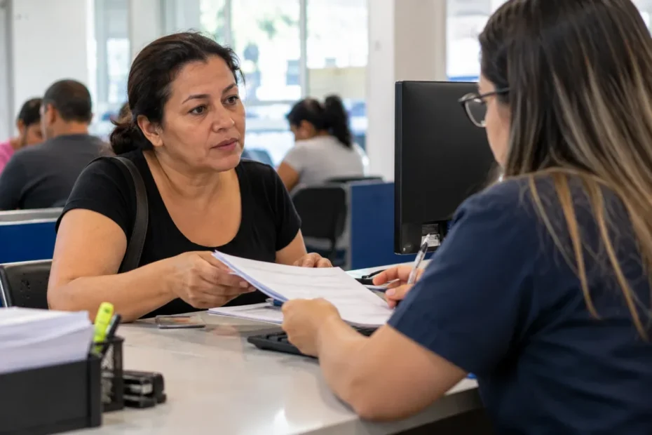 Atendente em agência de serviços públicos conversa com pessoa que apresenta documentos para atendimento previdenciário