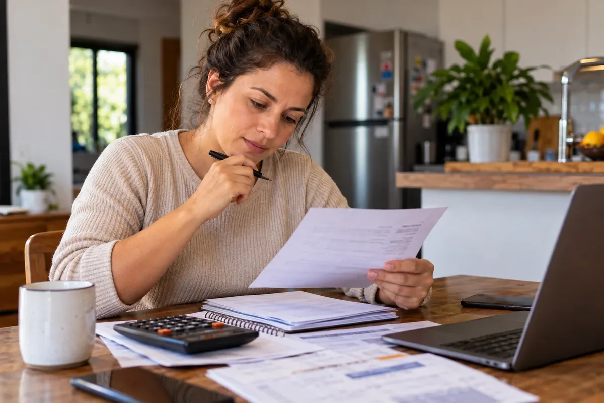 Pessoa sentada à mesa de casa analisa contrato de locação e calcula despesas mensais em uma calculadora